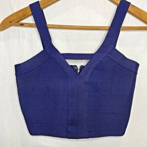 GUESS Halter Top Stretch Ribbed V Neck Exposed Zipper Fitted Womens XS Navy Blue - Picture 1 of 9